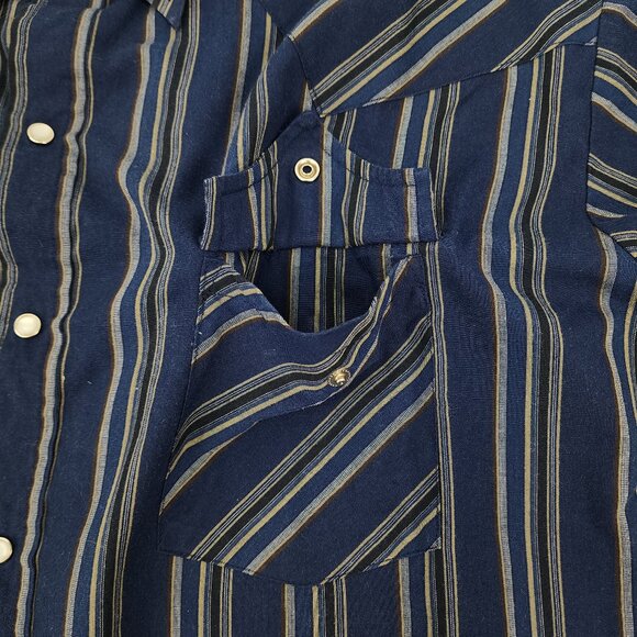 90s Plains Western Wear Mens XL Pearl Snaps Blue Stripes Snap Button Long Sleeve - Picture 6 of 12